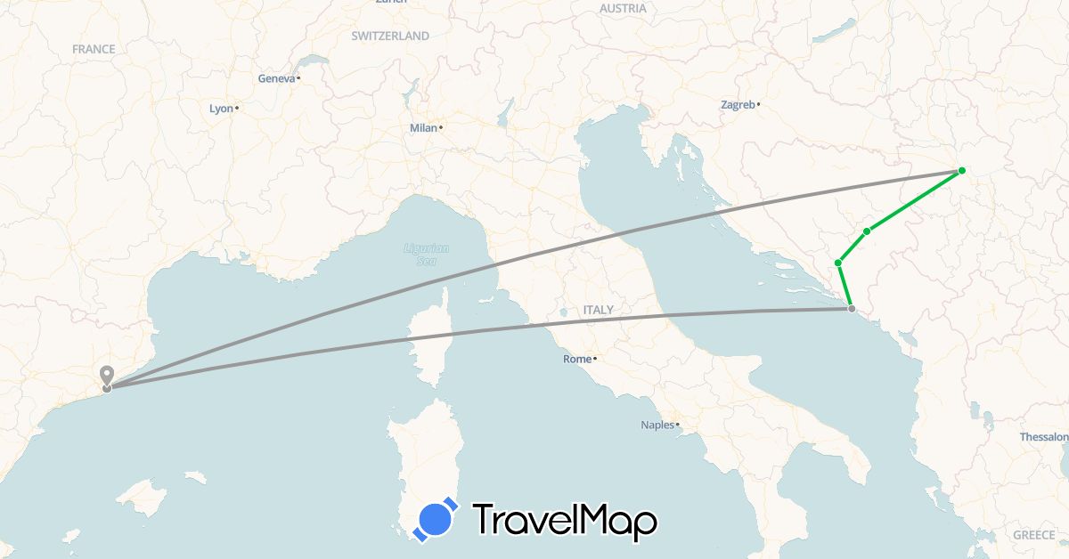 TravelMap itinerary: driving, bus, plane in Bosnia and Herzegovina, Spain, Croatia, Serbia (Europe)