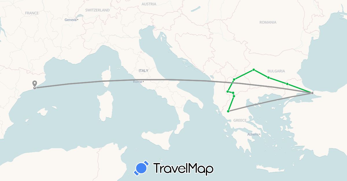 TravelMap itinerary: driving, bus, plane in Bulgaria, Spain, Greece, Macedonia, Turkey (Asia, Europe)